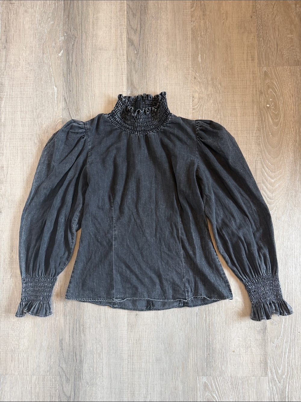 Zara Acie Black High-Neck Puff Sleeve Smocked Blouse - Size M - 90s Collection